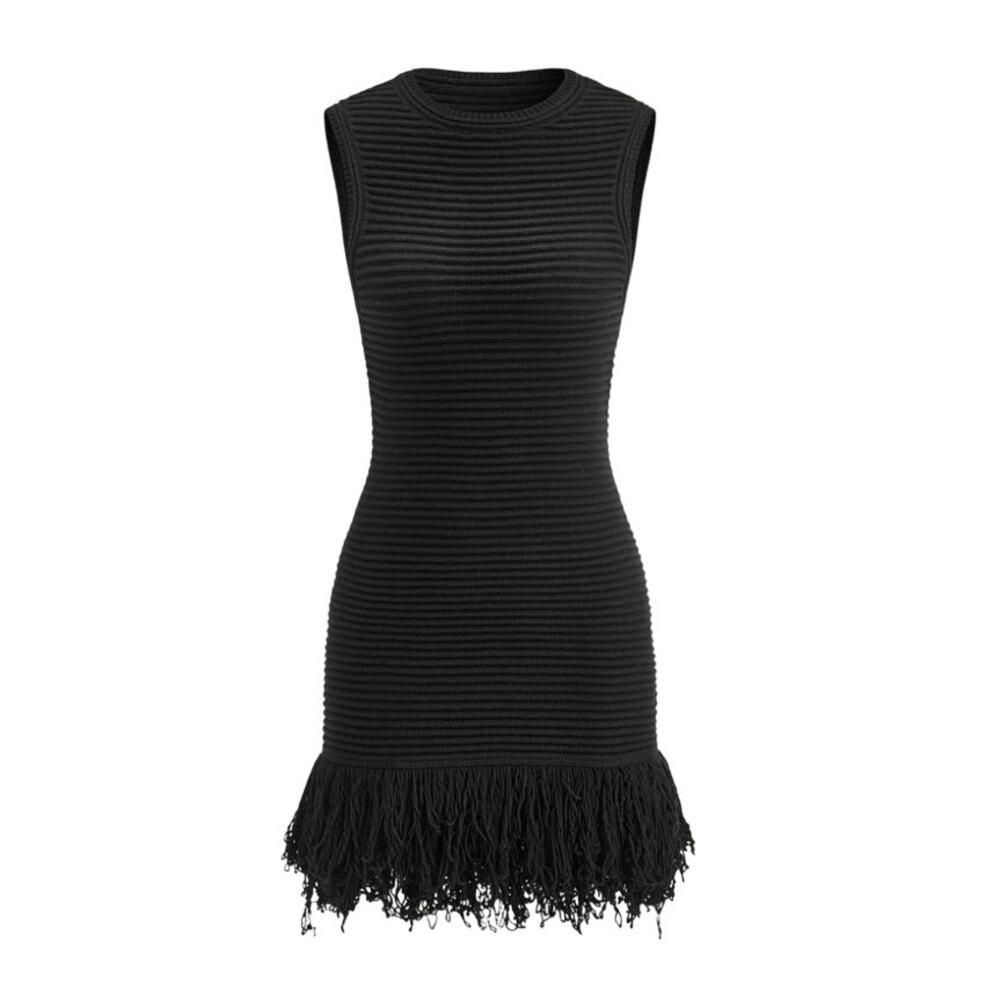 Commense Black Ribbed Knit Fringe Hem Dress XL Sleeveless Mini Chic Modern